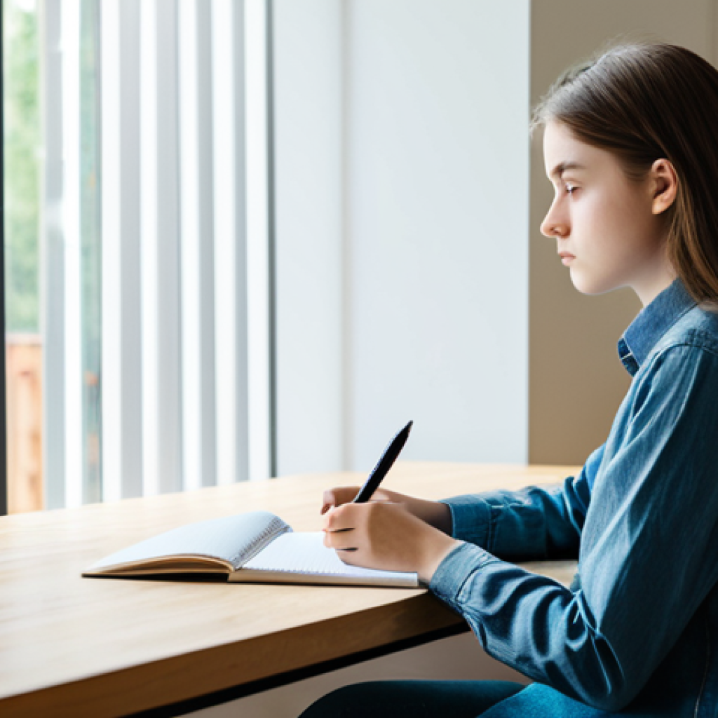 A focused Gen Z student, wearing a modest, comfortable long-sleeved shirt and jeans, sitting at a clean, light-wood desk in a modern, minimalist study room. They are holding a pen, looking intently at a blank notebook open on the desk, deep in thought. A faint, ethereal glow or subtle lines emanate from their head towards the blank page, symbolizing active recall and memory retrieval. The room is well-lit with natural daylight from a large window. perfect anatomy, correct proportions, natural pose, well-formed hands, proper finger count, natural body proportions, professional photography, high detail, sharp focus, vibrant colors, safe for work, appropriate content, fully clothed, modest, family-friendly.
