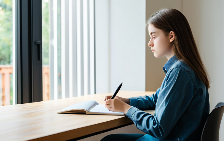 A focused Gen Z student, wearing a modest, comfortable long-sleeved shirt and jeans, sitting at a clean, light-wood desk in a modern, minimalist study room. They are holding a pen, looking intently at a blank notebook open on the desk, deep in thought. A faint, ethereal glow or subtle lines emanate from their head towards the blank page, symbolizing active recall and memory retrieval. The room is well-lit with natural daylight from a large window. perfect anatomy, correct proportions, natural pose, well-formed hands, proper finger count, natural body proportions, professional photography, high detail, sharp focus, vibrant colors, safe for work, appropriate content, fully clothed, modest, family-friendly.