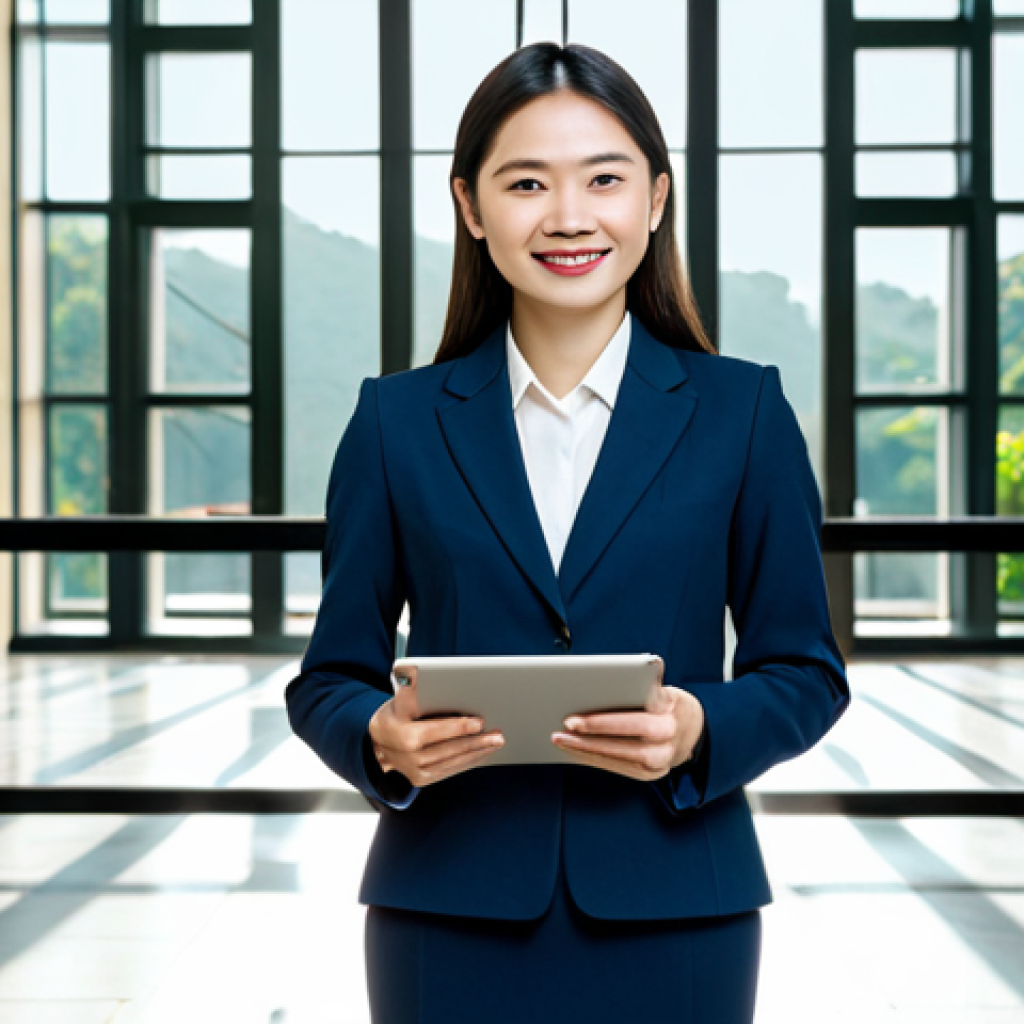 **
A professional woman in a tailored business suit (skirt and jacket), standing confidently in a modern office lobby with large windows overlooking Hanoi. She's holding a tablet, with a friendly smile. The lighting is bright and natural. Focus on perfect anatomy, correct proportions, well-formed hands. Safe for work, appropriate content, fully clothed, professional.
**