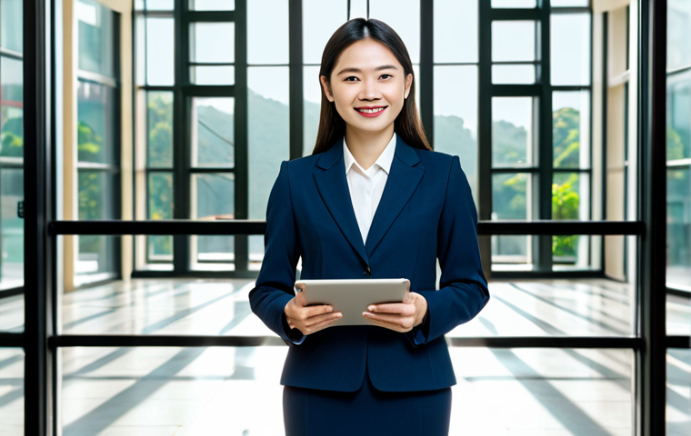 **

A professional woman in a tailored business suit (skirt and jacket), standing confidently in a modern office lobby with large windows overlooking Hanoi. She's holding a tablet, with a friendly smile. The lighting is bright and natural. Focus on perfect anatomy, correct proportions, well-formed hands. Safe for work, appropriate content, fully clothed, professional.

**