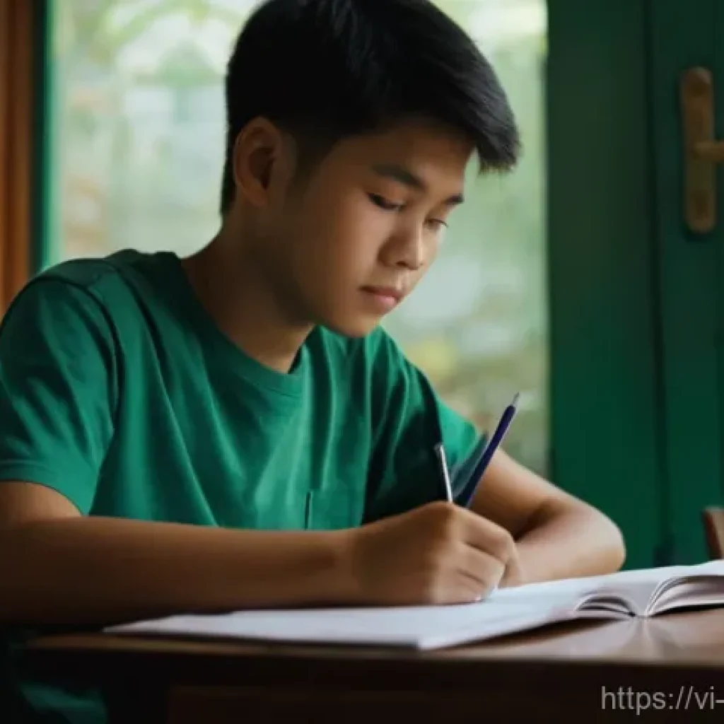 백지 학습법의 효과적인 수업 운영 전략 - **Prompt:** A focused Vietnamese student, approximately 16 years old, sits at a clean, well-lit wood...