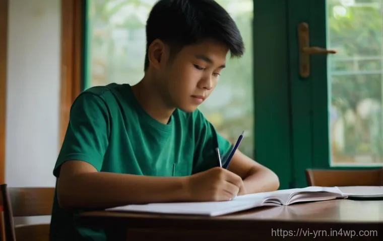 백지 학습법의 효과적인 수업 운영 전략 - **Prompt:** A focused Vietnamese student, approximately 16 years old, sits at a clean, well-lit wood...