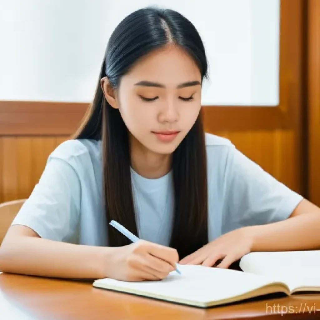 백지 학습법의 심리적 장애물 극복하기 - A bright and serene image of a young Vietnamese female student, around 17 years old, sitting comfort...