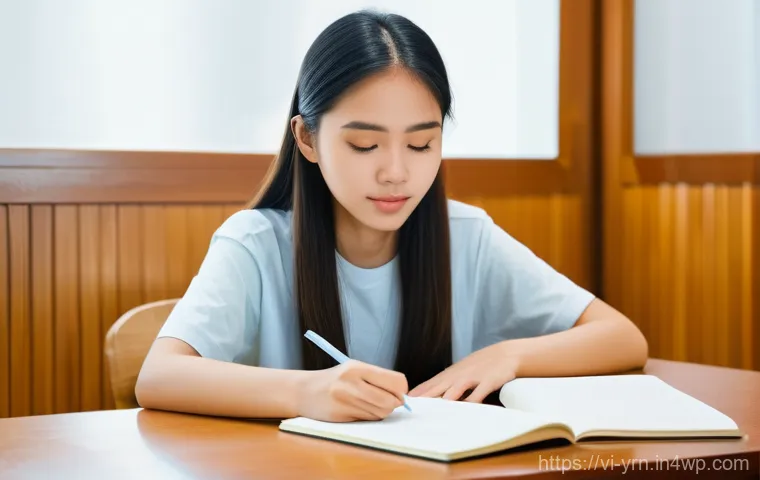 백지 학습법의 심리적 장애물 극복하기 - A bright and serene image of a young Vietnamese female student, around 17 years old, sitting comfort...