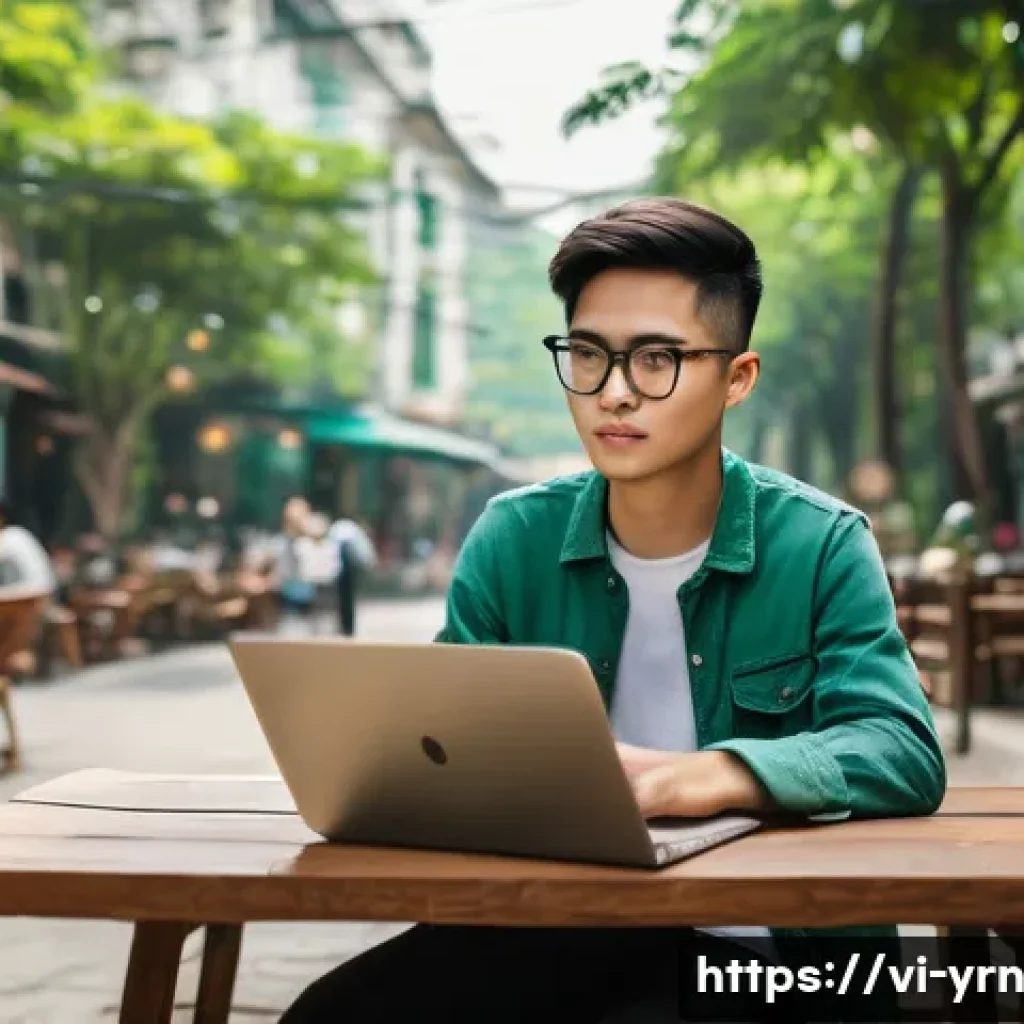 백지 학습법과 능동적 학습의 중요성 - A young Vietnamese student sitting at a cozy outdoor café table in Hanoi, wearing casual clothing an...