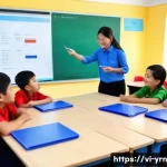 백지 학습법의 미래 연구 방향 - A modern Vietnamese classroom scene featuring diverse students actively engaged in a white learning ...