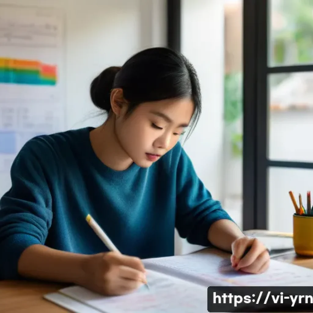 백지 학습법을 활용한 개인화된 학습 계획 - A focused Vietnamese student in a cozy home study room, surrounded by textbooks, a laptop showing an...