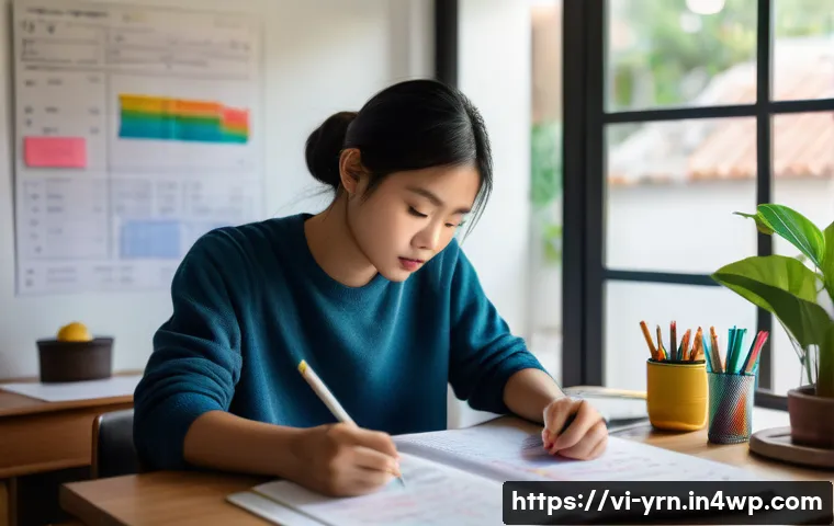 백지 학습법을 활용한 개인화된 학습 계획 - A focused Vietnamese student in a cozy home study room, surrounded by textbooks, a laptop showing an...