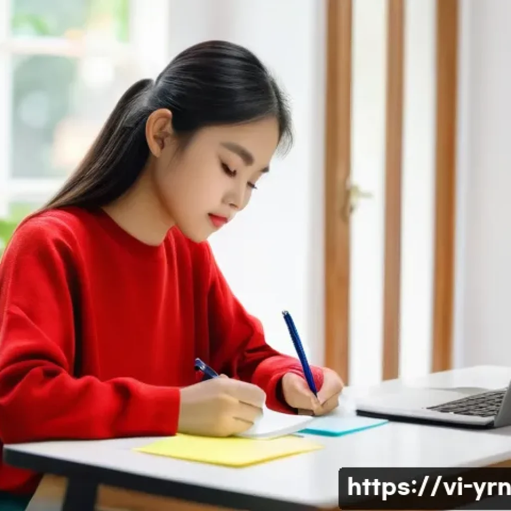 백지 학습법을 활용한 강의 노트 작성법 - A focused Vietnamese student sitting at a modern study desk in a cozy room with warm natural lightin...