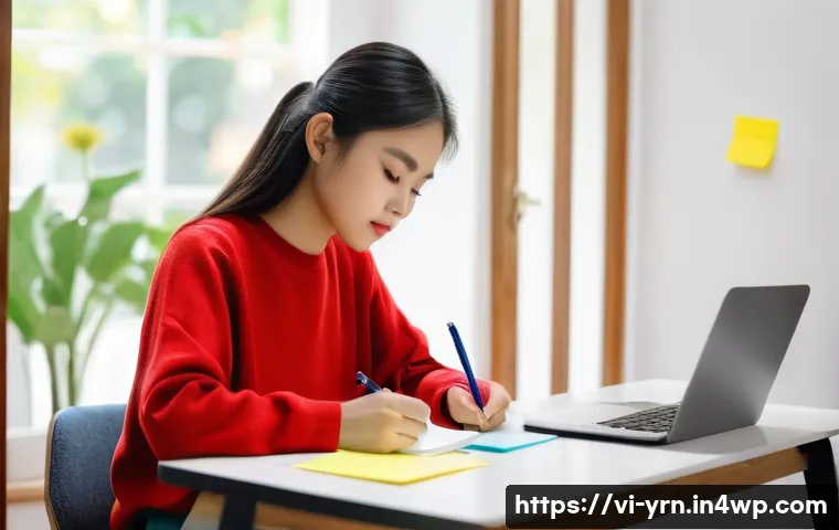 백지 학습법을 활용한 강의 노트 작성법 - A focused Vietnamese student sitting at a modern study desk in a cozy room with warm natural lightin...