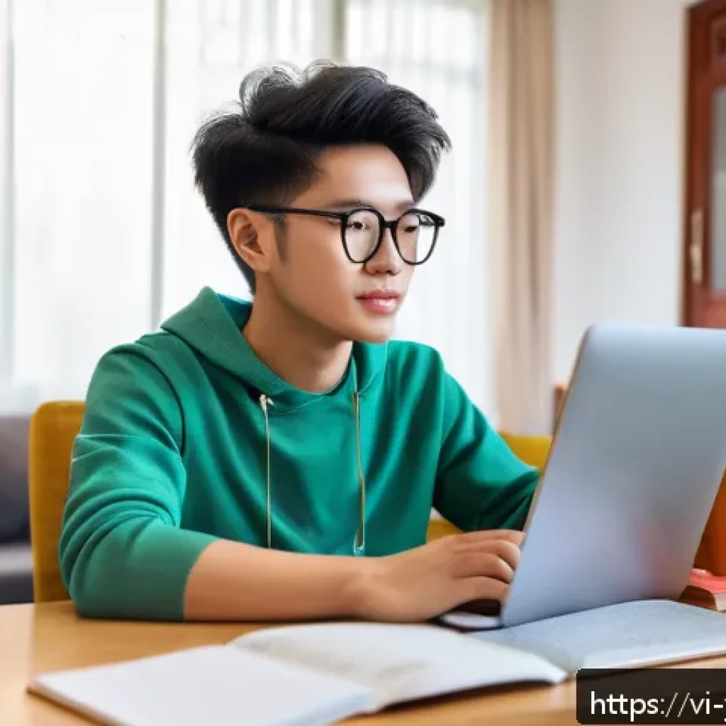 백지 학습법과 비대면 학습의 조화 - A modern Vietnamese student studying at home with a laptop and tablet, engaging in an online class v...
