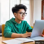 Home 19 백지 학습법과 비대면 학습의 조화 - A modern Vietnamese student studying at home with a laptop and tablet, engaging in an online class v...