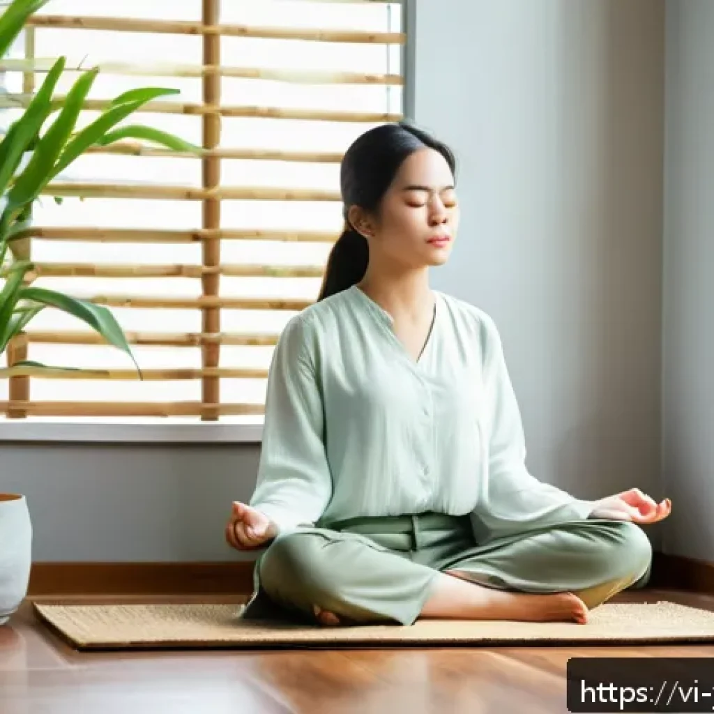 백지 학습법을 활용한 창의적 문제 해결 - A serene morning scene in a modern Vietnamese home office, a young Vietnamese woman sitting cross-le...