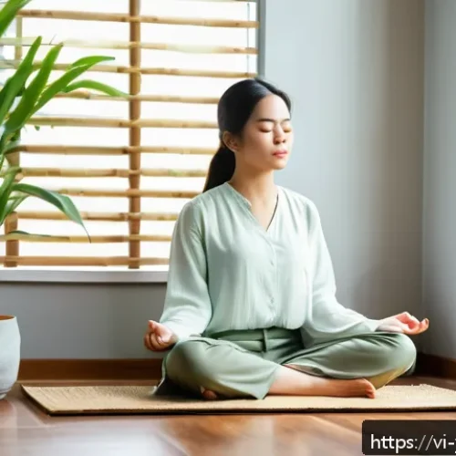 Home 17 백지 학습법을 활용한 창의적 문제 해결 - A serene morning scene in a modern Vietnamese home office, a young Vietnamese woman sitting cross-le...