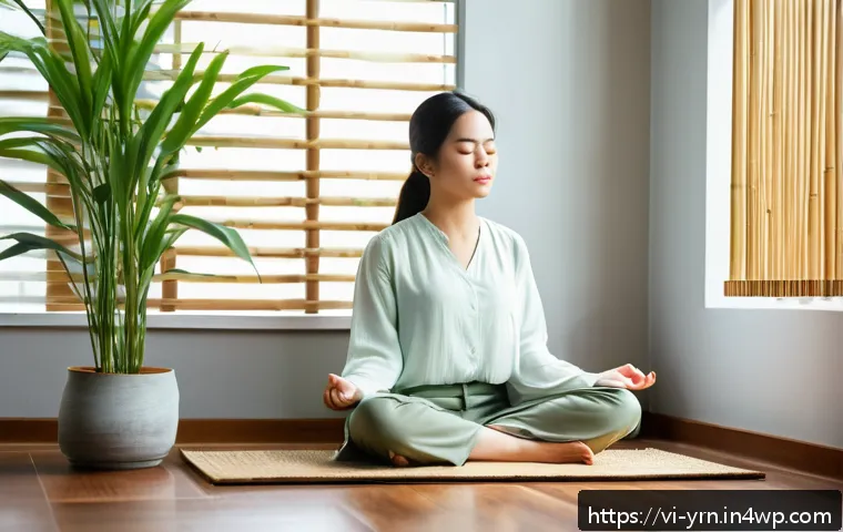 백지 학습법을 활용한 창의적 문제 해결 - A serene morning scene in a modern Vietnamese home office, a young Vietnamese woman sitting cross-le...